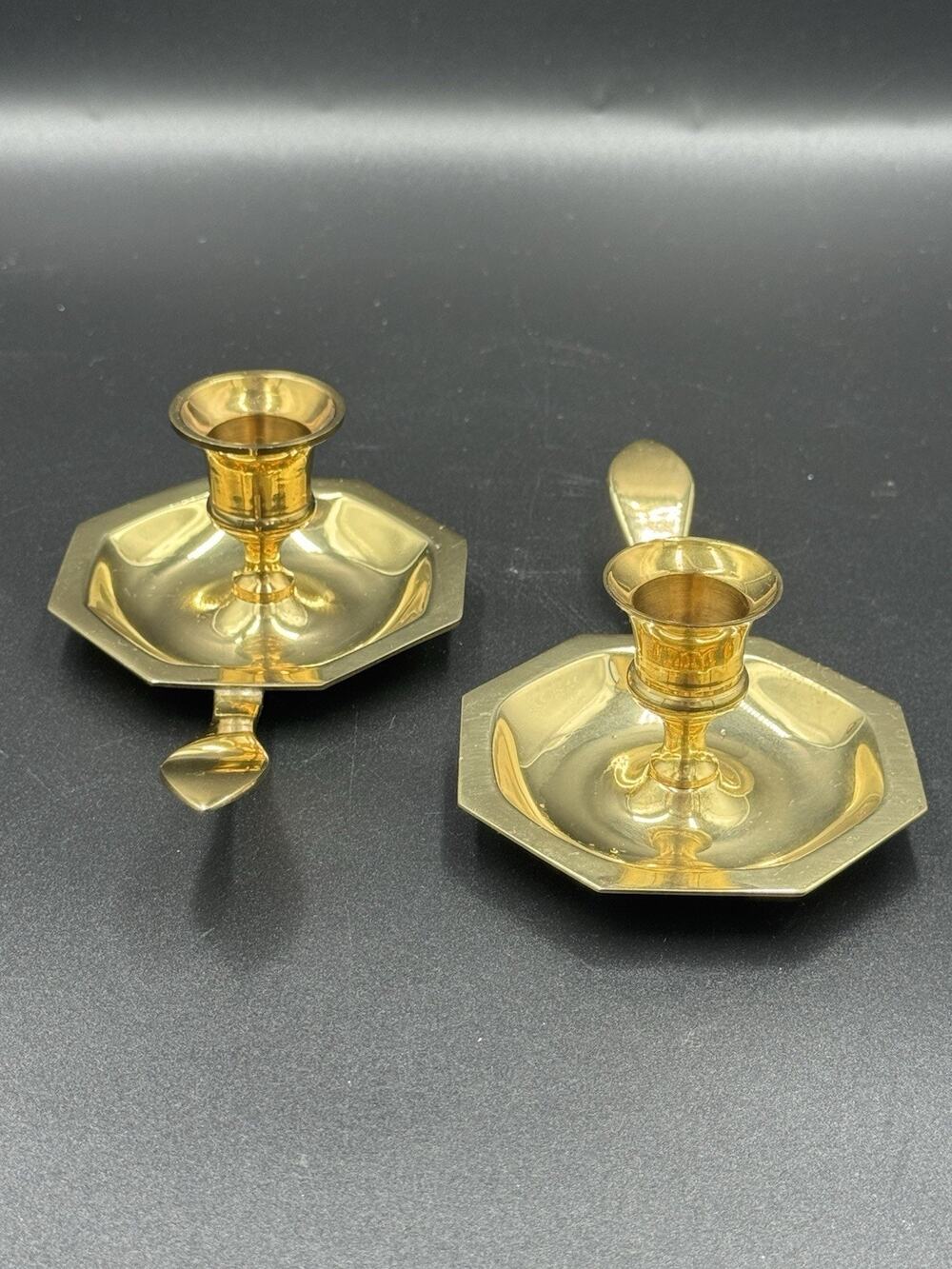 Vintage Brass Chamberstick Candlestick Holders Pair Hexagon Flat Tab Handle 6”